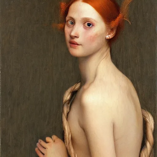 Prompt: a highly detailed, hyper realistic portrait with torso of a red haired young woman, white romantic dress with intricate details, among golden fireflies, long hair, green eyes, hint of freckles, round gentle face, cheeky smile, deep focus, elegant, smooth, sharp, golden ratio, digital painting, art by artemisia lomi gentileschi and caravaggio