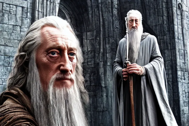 Prompt: gandalf played by charles dance, standing outside orthanc in the style of h. r. giger