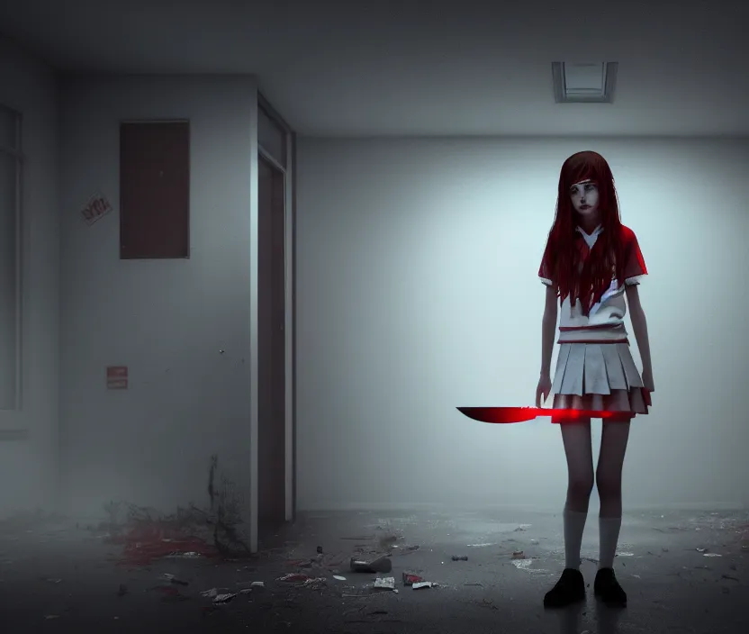 Image similar to school girl holding a knife and standing on an abandoned hospital room with red ceiling lighting and several blue lights on the walls, gloomy and foggy atmosphere, octane render, artstation trending, horror scene, highly detailded