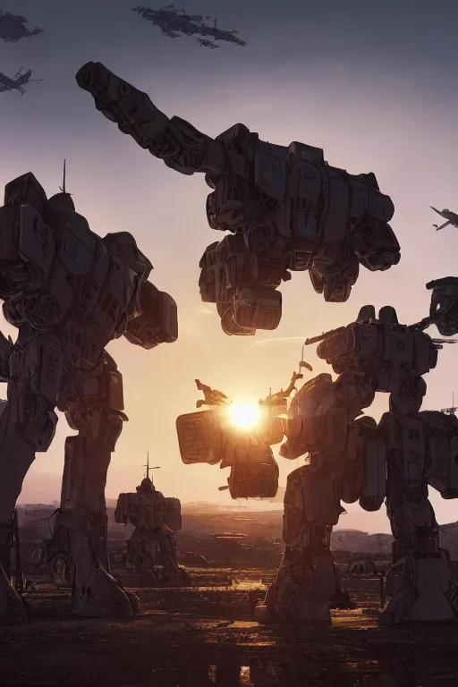 Image similar to A real photo of a Huge Mechwarrior and the sunset in the distance, by Josan Gonzalez, Yoji Shinkawa and Geof Darrow, highly detailed, Unreal Engine Render, 3D, 8k wallpaper