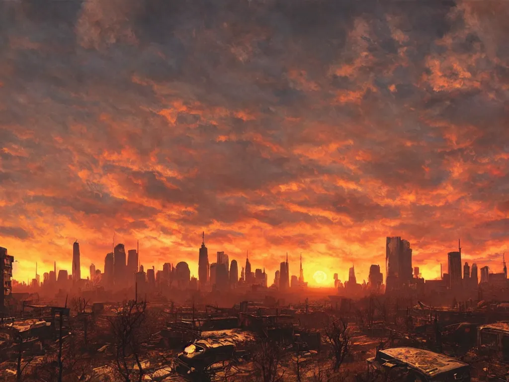 Prompt: a post apocalyptic new york city landscape after a nuclear war, beautiful radioactive sunset lighting, beautiful painting, fallout 7 6, painted by albert bierstadt
