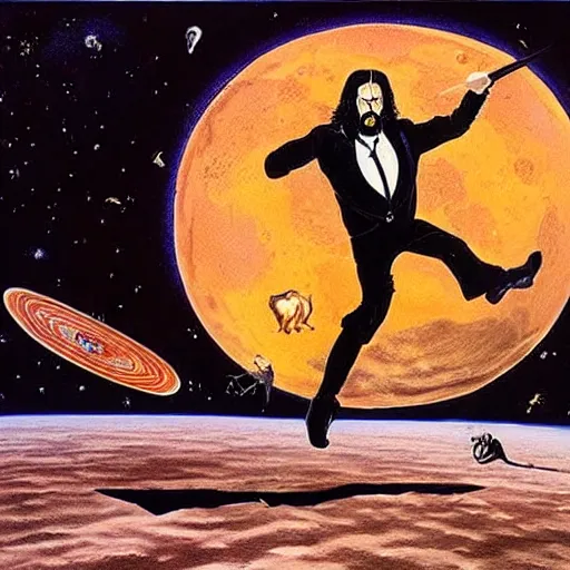 Image similar to painting of john wick in astronaut suit fighting with predators on the moon, created by salvador dali, pistols