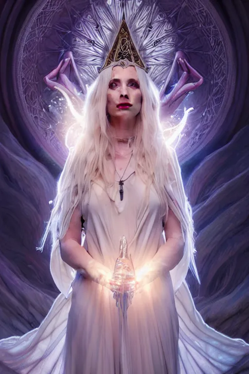 Image similar to realistic wide angle portrait of a beautiful white witch, standing, crafting spells, bright witch, beautiful face, fantasy, chaos, magic, dark magic, dramatic lighting, intricate, wild, highly detailed, digital painting, artstation, concept art, smooth, sharp focus, illustration, art by artgerm and greg rutkowski and alphonse mucha, footage from space camera