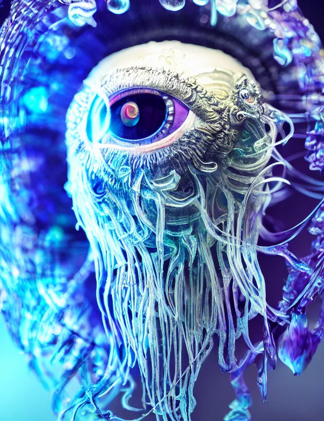 Image similar to eye of god macro close - up portrait with mask made of ram skull. betta fish, jellyfish phoenix, bioluminiscent, plasma, ice, water, wind, creature, super intricate ornaments artwork by tooth wu and wlop and beeple and greg rutkowski