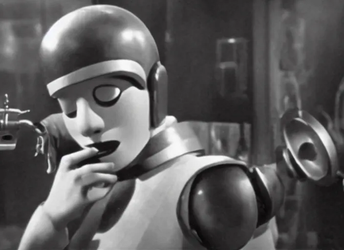 Image similar to A movie still of a 1920s silent film featuring Bender from Futurama