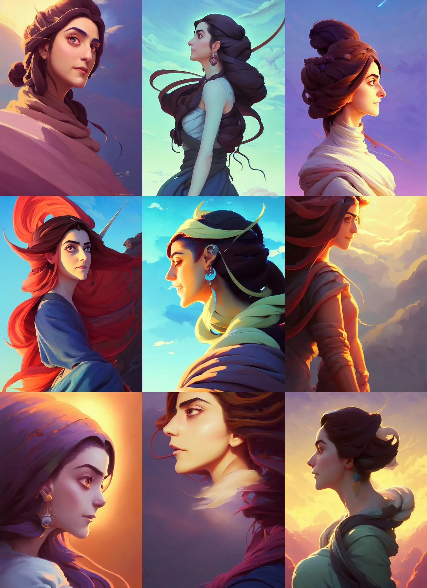 Prompt: side profile centered painted portrait, Maya Ali as a wind mage, D&D, cell-shaded, matte painting concept art, radiant backlighting, official fanart, 4k, HDR, Art Nouveau, Trending on artstation, Behance, Pinterest, by Jesper Ejsing and RHADS and Makoto Shinkai and Lois van baarle and ilya kuvshinov and rossdraws and Cushart Krentz and Gilleard James