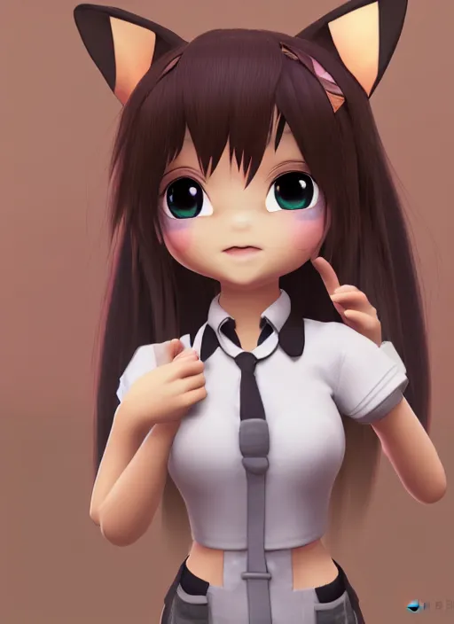 Image similar to female eevee mini cute girl, character adoptable, highly detailed, rendered, ray - tracing, cgi animated, 3 d demo reel avatar, style of maple story and zootopia, maple story eevee trainer, fluffy, dark skin, cool clothes, soft shade, soft lighting, portrait pose