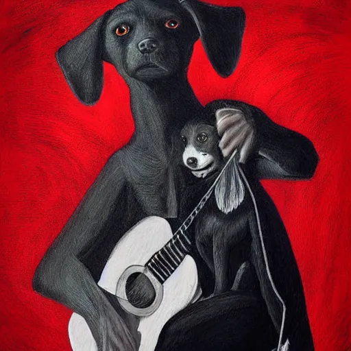 Prompt: black white red realistic painting on black paper, folkloric illustration , the dog guitar player , tarot by Andreas Rocha