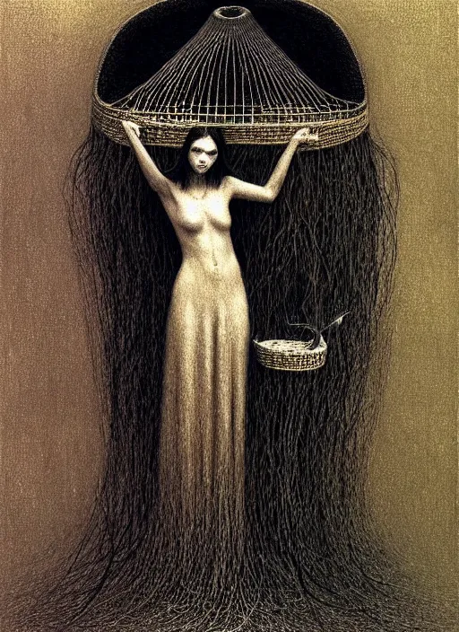 Prompt: girl with long hairs inside birdcage by Beksinski