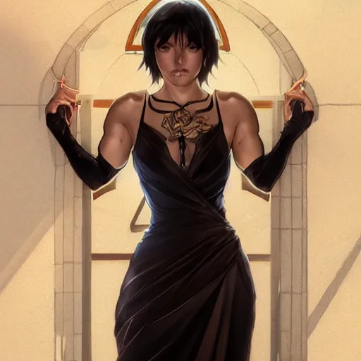 Prompt: cassandra cain in a sexy black dress, beautiful face!!!!, 2 7 years old, cg animation, riot entertainment, arcane, realistic, character select portrait, by artgerm, greg rutkowski, alphonse mucha, 3 d