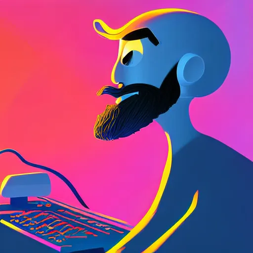 Image similar to curled perspective digital art of curly grey hair bearded man using a computer by anton fadeev from nightmare before christmas