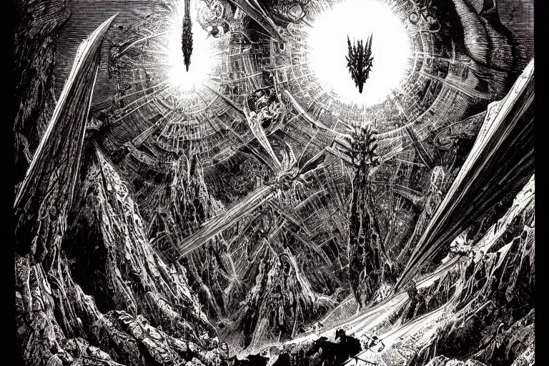 Image similar to hells gates by philippe druillet and gustave dore and much a and moebius and hieronymus bosch