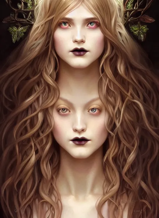 Image similar to perfectly feminine face!! full body portrait of a gothic esoteric dryad blessed by nature with ever - increasing physical mental perfection, blonde, symmetrical! intricate, sensual features, highly detailed, biblical divine holy perfection!! digital painting, artstation, concept art, smooth, sharp focus, illustration, art by artgerm and greg rutkowski and alphonse mucha