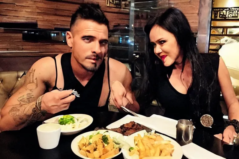 Image similar to lucu lawless as xena warrior princess eating at a restaurant with a handsome cuban man wearing a suit