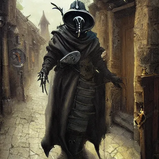 Prompt: steampunk plague doctor in medieval village, oil painting, by Greg Rutkowski