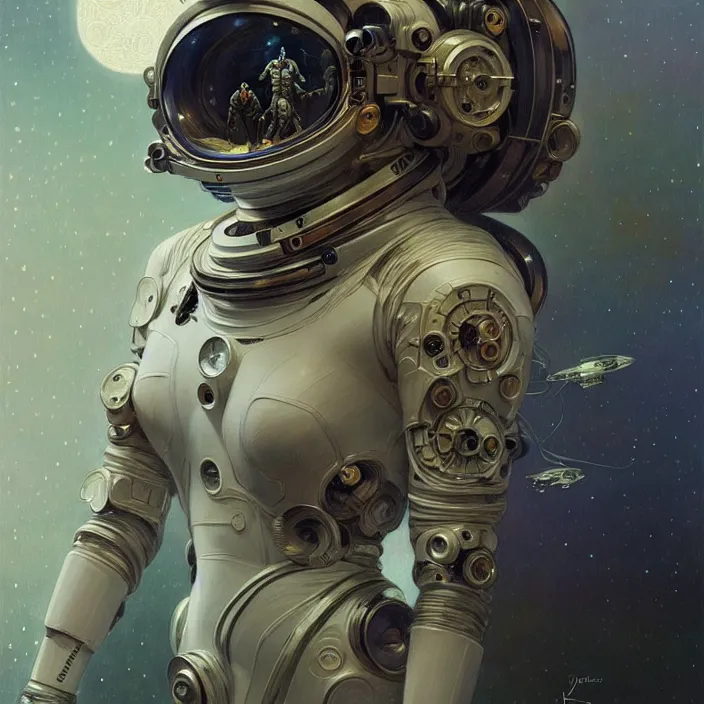 Image similar to organic cyborg Russian cosmonaut, diffuse lighting, fantasy, intricate, elegant, highly detailed, lifelike, photorealistic, digital painting, artstation, illustration, concept art, smooth, sharp focus, art by John Collier and Albert Aublet and Krenz Cushart and Artem Demura and Alphonse Mucha