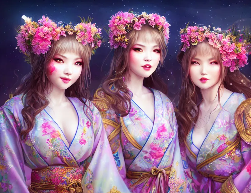 Image similar to two beautiful alluring siberian girls wear fantasy kimono in festival | | sunny night, full moon, dreamlike art, realistic shaded, smile, good looking, hyper details, 4 k realistic, cryengine, realistic shaded lighting poster by artgerm, ross tran, fuji choko, 8 k resolution, trending on artstation, luxury