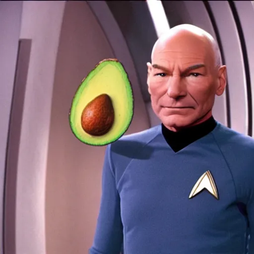 Image similar to an avocado as the captain of the enterprise in star trek the next generation, patrick stewart