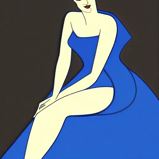 Prompt: a digital painting of a woman in a blue dress, an art deco painting by Patrick Nagel,, deviantart contest winner, art deco, matte drawing, storybook illustration, matte painting