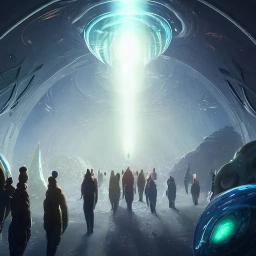 Prompt: manifestation of people, comunity of people gathering to enter a multiple spaceships, stephen bliss, misty, unreal engine, pixar, fantasy art by greg rutkowski, loish, ferdinand knab, and lois van rossdraws, global illumination, radiant light, minimalist, detailed and intricate environment