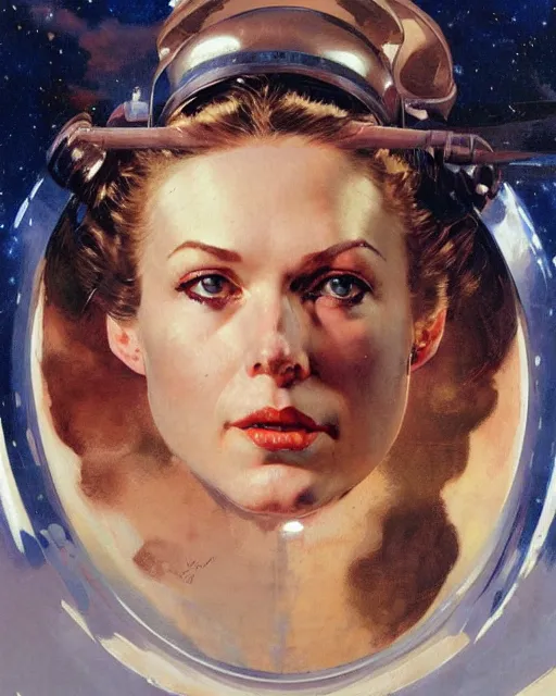 Prompt: head portrait of elegant space woman with wideset blue eyes by norman rockwell, roberto ferri, daniel gerhartz, edd cartier, jack kirby, howard v brown, ruan jia, tom lovell, frank r paul, dean cornwell, astounding stories, amazing, fantasy, other worlds