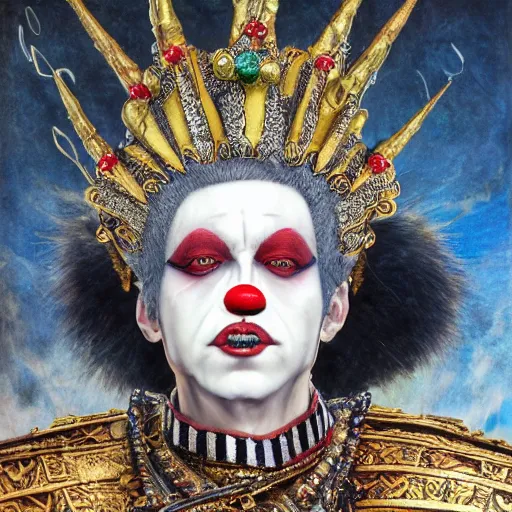 Prompt: uhd photorealistic detailed image of max current, the crypto emperor, dressed as emperor, wearing extremely intricate clown makeup, by ayami kojima amano karol bak