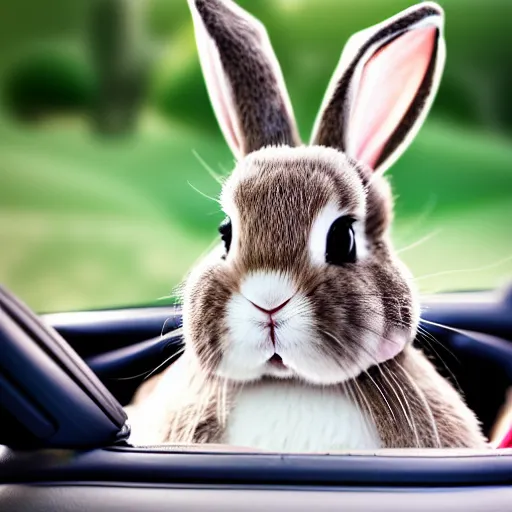 Image similar to a cute bunny driving a convertible, studio photo, high quality