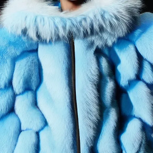 Prompt: an award - winning editorial photo of a nike jacket made of very fluffy blue faux fur : : with a reflective iridescent oversized collar, dramatic lighting, realistic, designed by alexander mcqueen