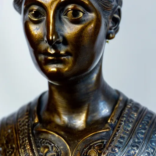 Prompt: detailed photo of an old bronze patina statue of a woman bust, intricate detail, museum lighting