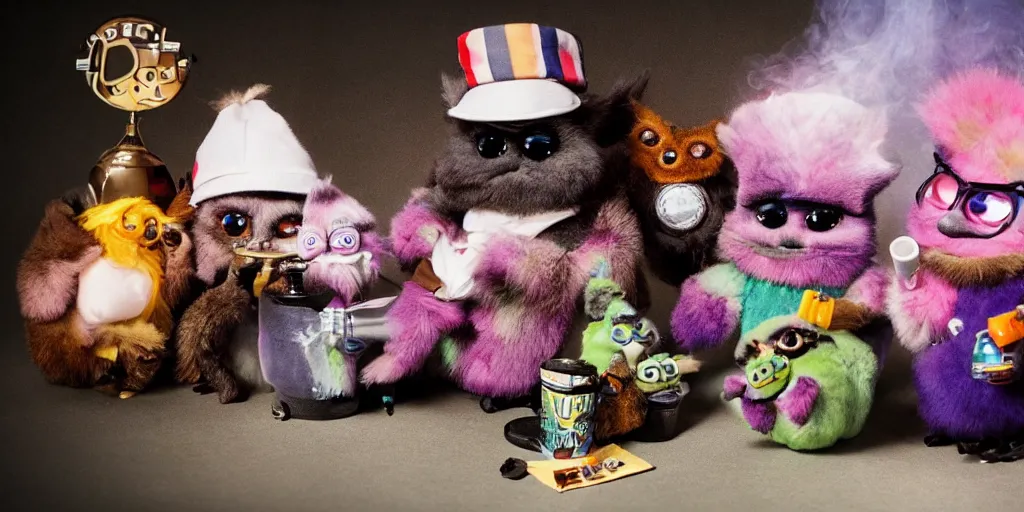 Prompt: a small group of furbies smoking cannabis!!!!! furbies with bongs!! smoking pipes!! and joints!!, smoke! fills the air of a small room, studio lighting, photograph