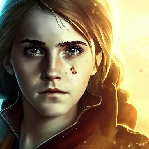 Image similar to portrait of emma watson as hermione, league of legends amazing splashscreen artwork, gears of war, splash art, natural light, elegant, photorealistic facial features, intricate, fantasy, detailed face, atmospheric lighting, anamorphic lens flare, cinematic lighting, league of legends splash art, hd wallpaper, ultra high details by greg rutkowski