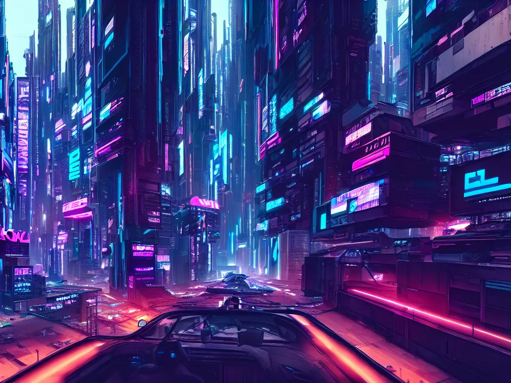 Image similar to vehicle flying through a cyberpunk city 4 k, hyper detailed