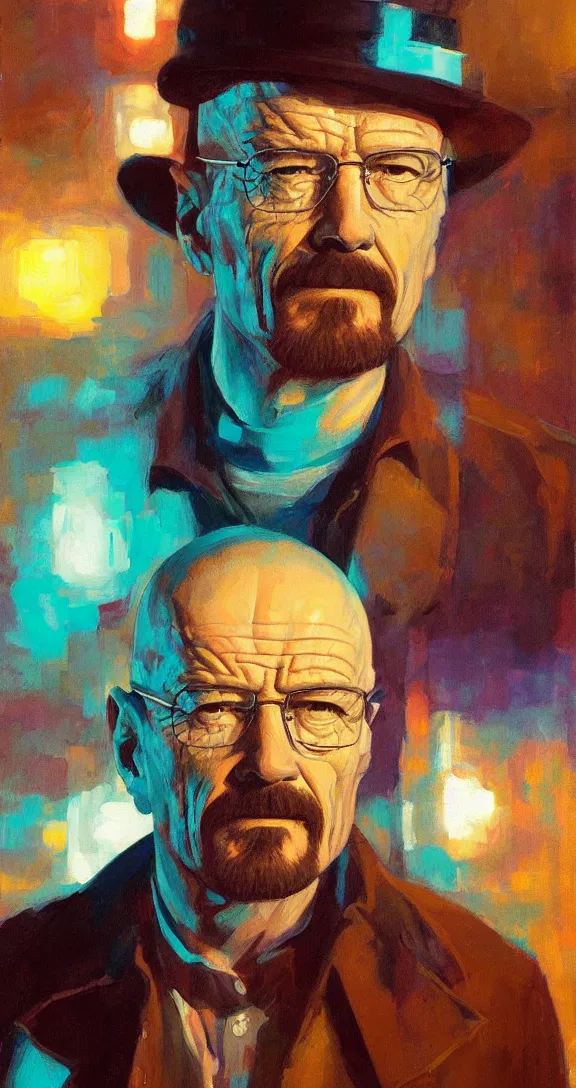 Image similar to a highly detailed beautiful portrait of walter white, neon lights, by gregory manchess, james gurney, james jean