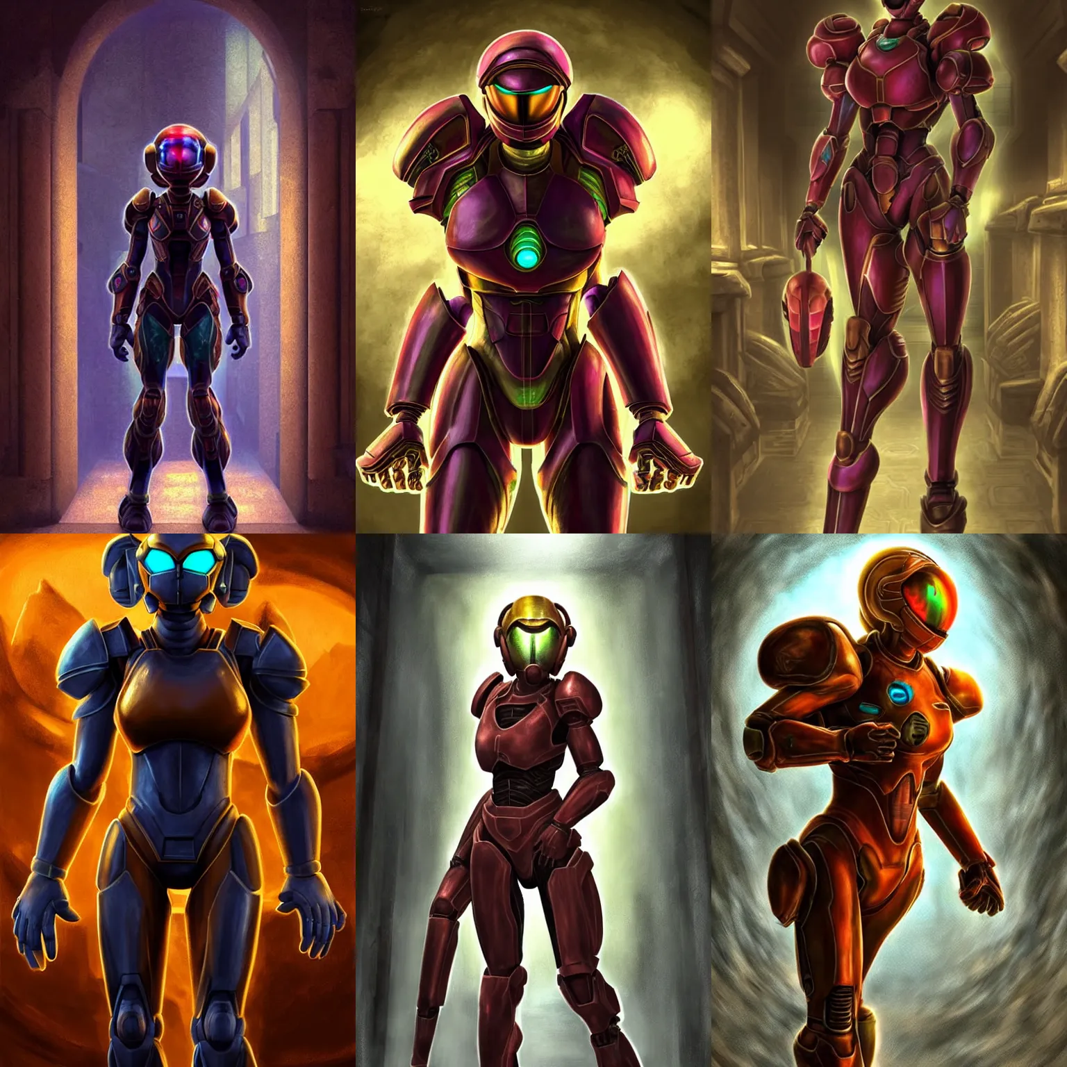 Prompt: character portrait of samus aran from metroid!! walking through an ancient temple hallway!!, 8 k, realistic shading, digital painting, matte painting, illustration, segmented armor, power armor, halo infinite, good value control, moody lighting, intense atmosphere, ultra realistic, highly detailed, john singer sargent