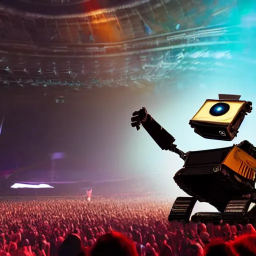 Image similar to wall - e dancing at a pearl jam concert in new york city. cinematic 8 k, depth of field, pixar.