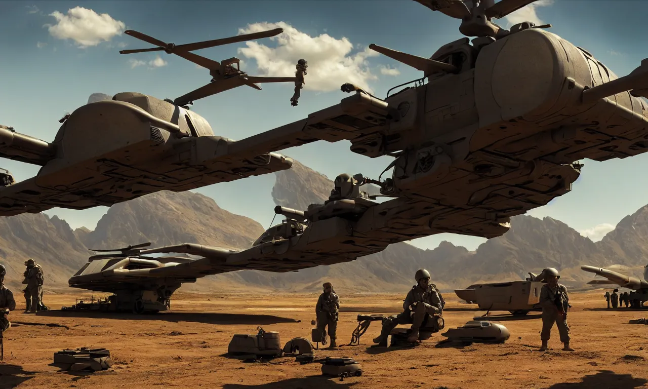 Prompt: sitting small dog watching tired soldiers repairing complicated flying hovercraft in colorful futuristic landscape, dramatic shadows cast on reflective dirty ground, with mountains in background, volumetric lighting, subsurface scattering, dramatic lighting, high detail, from new scifi by digital domain and weta digital, strong ambient occlusion