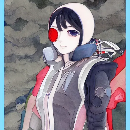 Prompt: a watercolour manga portrait illustration by sui ishida and alphons mucha of an anime girl big eyes wearing a futuristic pilot suit lots of zippers, pockets, synthetic materials, jumpsuits by issey miyake and balenciaga 8 k