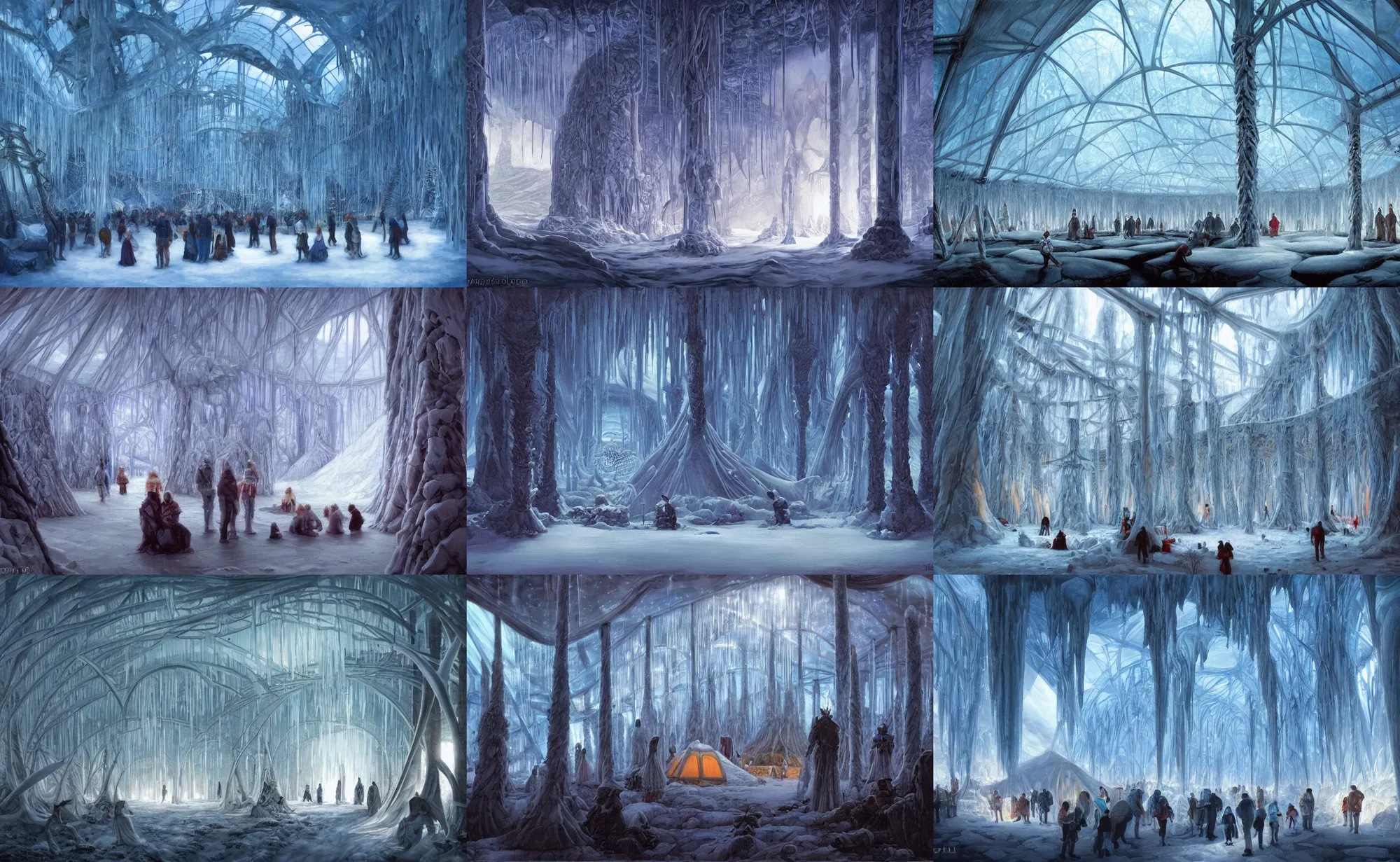 Prompt: inside a huge tent with an ice forest inside by gerald brom, art, 4 k, masterpiece, ambient light
