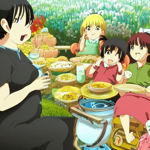Prompt: yo mama is so fat when she skips a meal the stock market drops, anime, ghibli style dreamlike background