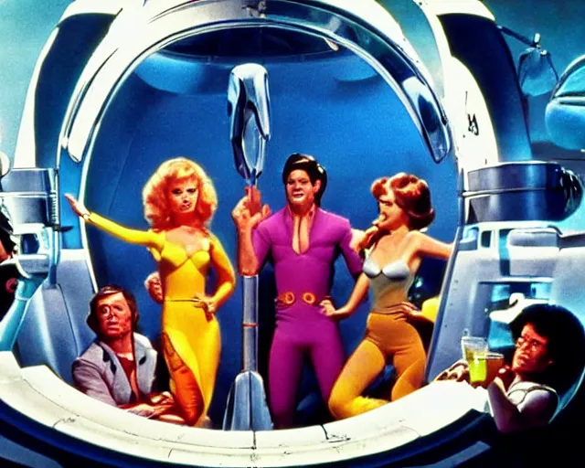 Prompt: a scene from a fictional retro scifi movie, where the crew of a spaceship are huddled over a console drinking coctails. in the style of barbarella the movie