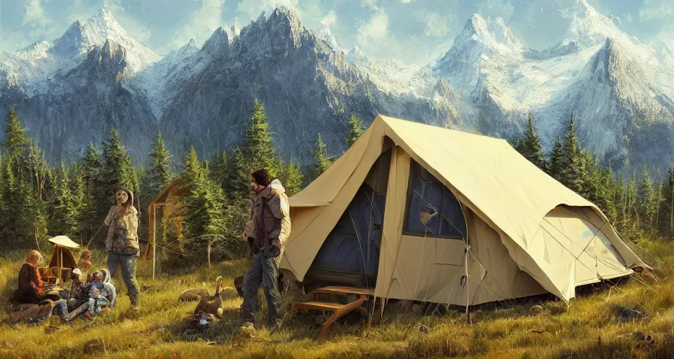 Image similar to cabela's beautiful comfortable carbon framed, modular insulated wall portable container home kit - house all weather family dwelling tent house, person in foreground, mountainous forested wilderness open fields, beautiful views, painterly concept art, environmental concept art, concept art illustration, by james gurney, by craig mullins, by greg rutkowski trending on artstation