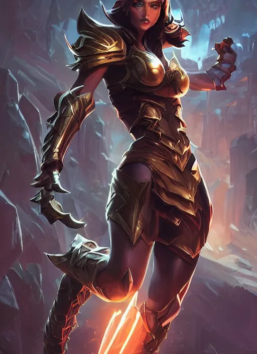 Image similar to poster!! beautiful new female character for league of legends, character concept art, action pose, illustration, full body armor, steel plating, huge weapon, super powers, athletic, symmetry, intricate design, shiny, highly detailed, hd, dramatic lighting, art by artgerm and greg rutkowski