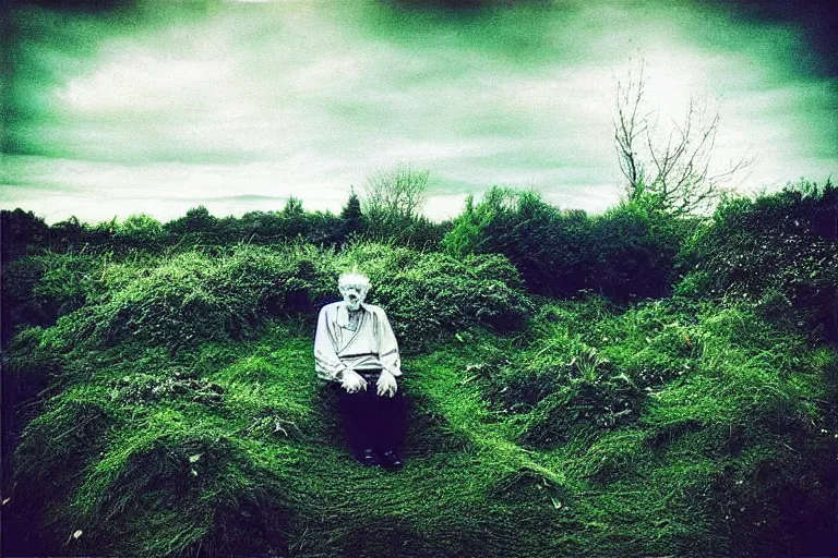 Image similar to “Photo by Robert ParkeHarrison. Old man in a surreal dying garden staring at the camera. The sky is torn and you can see through it.”