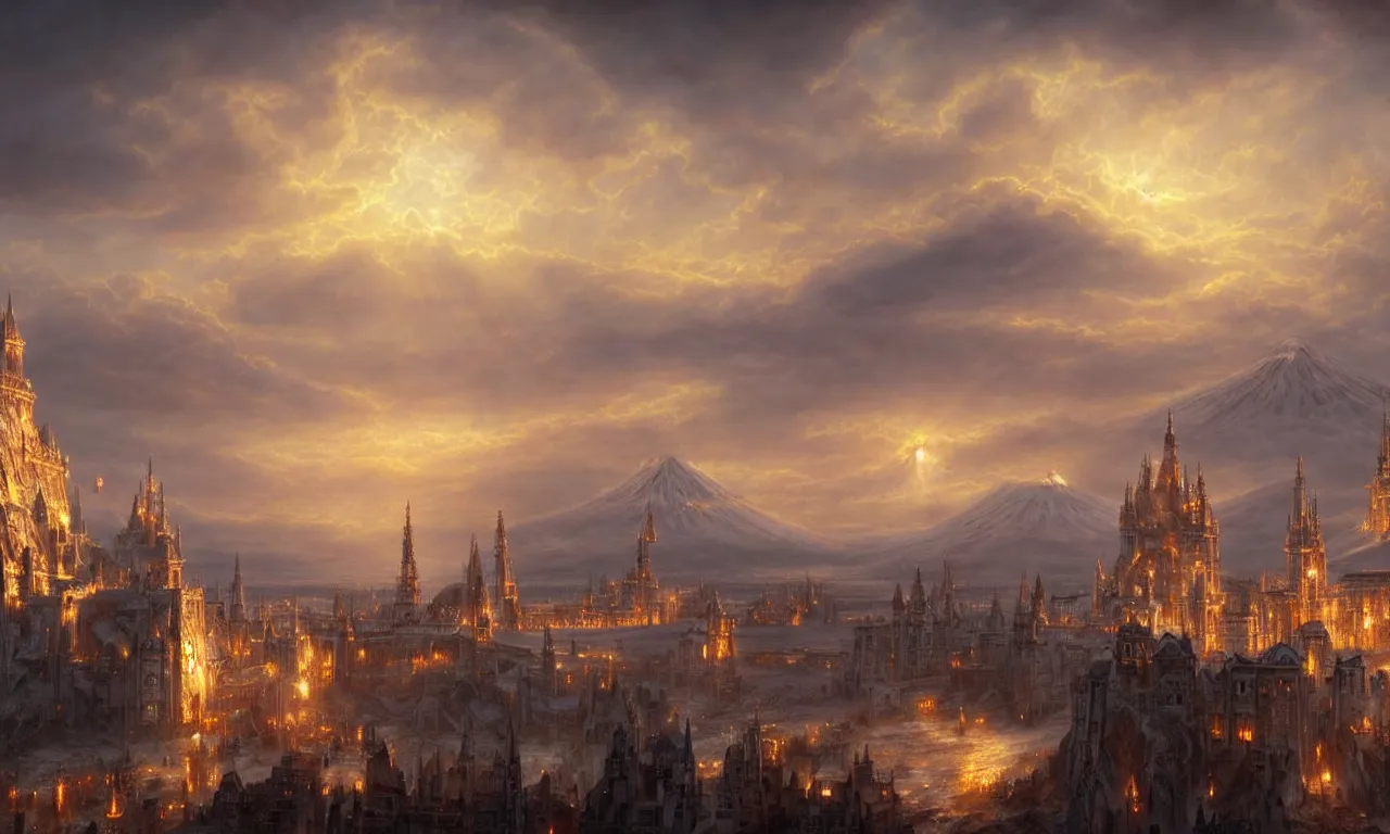 Image similar to beautiful gold fantasy city made from white stone and bright copper built on a volcano, gondor, misty, red sky, medieval city, metropolis, magic, gorgeous clouds, white marble, god rays, digital art, landscape, fantasy art, octane render, ureal engine, high detail, very realistic, by greg rutkowski. by james gurney