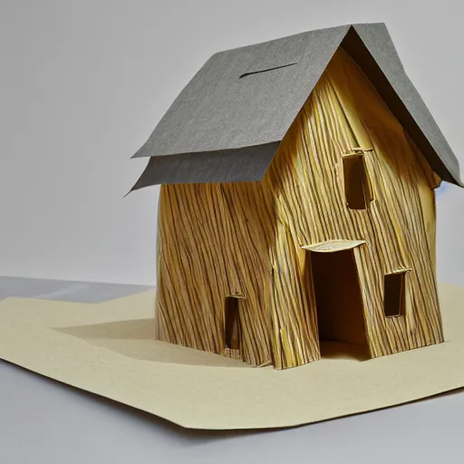 Prompt: a house made from layered paper, 2d, ambient light