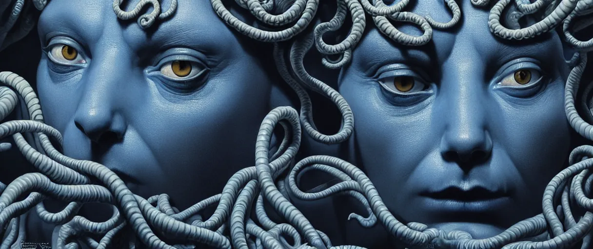 Image similar to hyperrealistic highly detailed close-up portrait of a Rubensian blue rococo medusa with 8 round cat eyes sharp concept art wayne barlowe cinematic lighting 8k low angle shallow depth of field