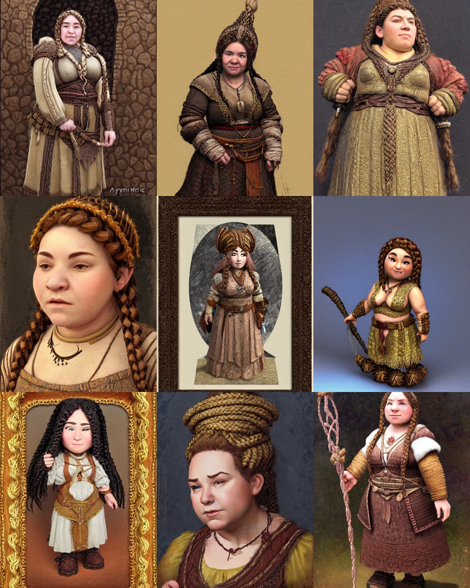 Prompt: female dwarven noblewoman, chubby short stature, braided intricate hair, by ayim moreau nicolas