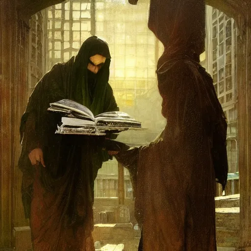 Image similar to half portait of magican wearing a closed cowl holding a big old book!, jeremy mann, jean leon gerome, alphonse mucha, greg rutkowski, hood covers his eyes, ( ( ruins of ancient rome ) ), at dusk, mysterious atmosphere, sunrays, dof, masterpiece, high detailed, 8 k