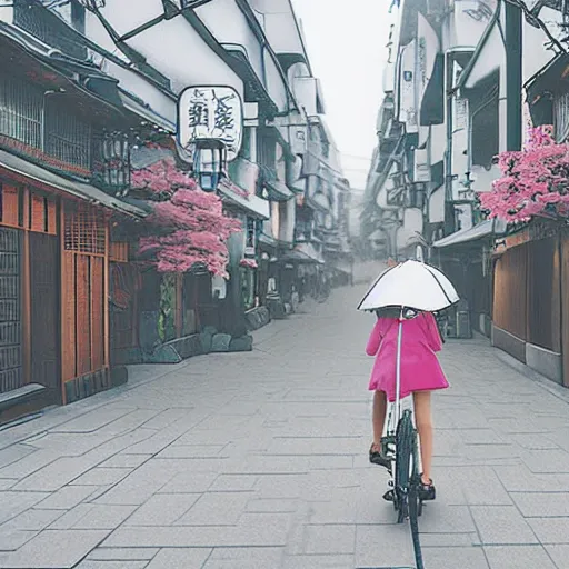 Image similar to anime girl riding bicycle in highly detailed kyoto street, studio ghibli style, by hayao miyazaki, sharp focus, desaturated, fog, highly detailed, 4k