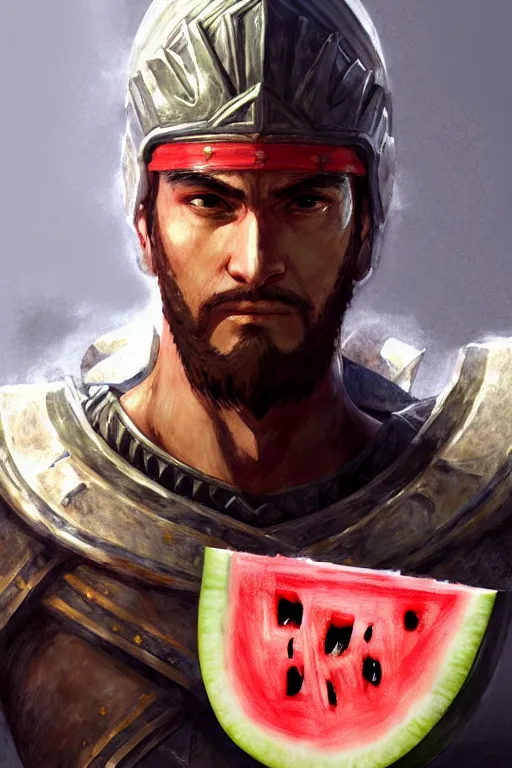 Image similar to a spartan king with a watermelon as shield, intricate, headshot, key visual, conceptart, ambient lighting, highly detailed, digital painting, artstation, concept art, sharp focus, by makoto shinkai and akihiko yoshida and greg manchess